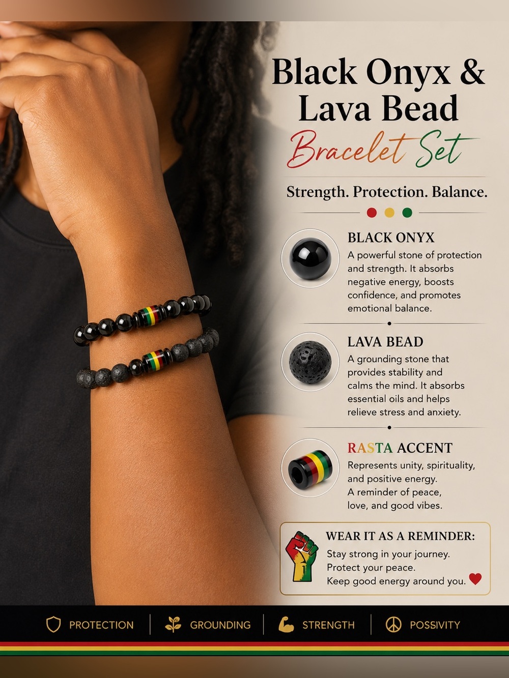 Black Onyx & Lava Bead Bracelet Set w/ Rasta Accent